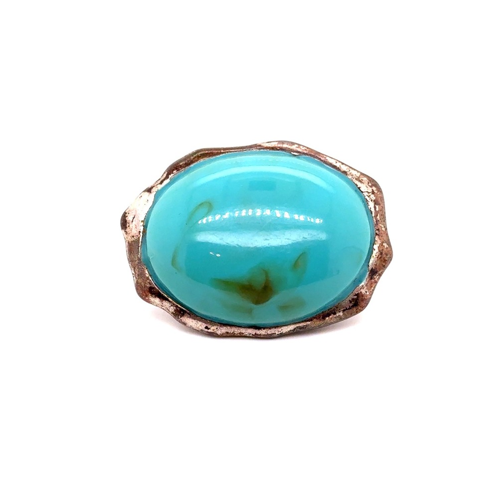 Turquoise-Like Cabochon Statement Ring Rustic Copper Tone Beaded Stretch Band